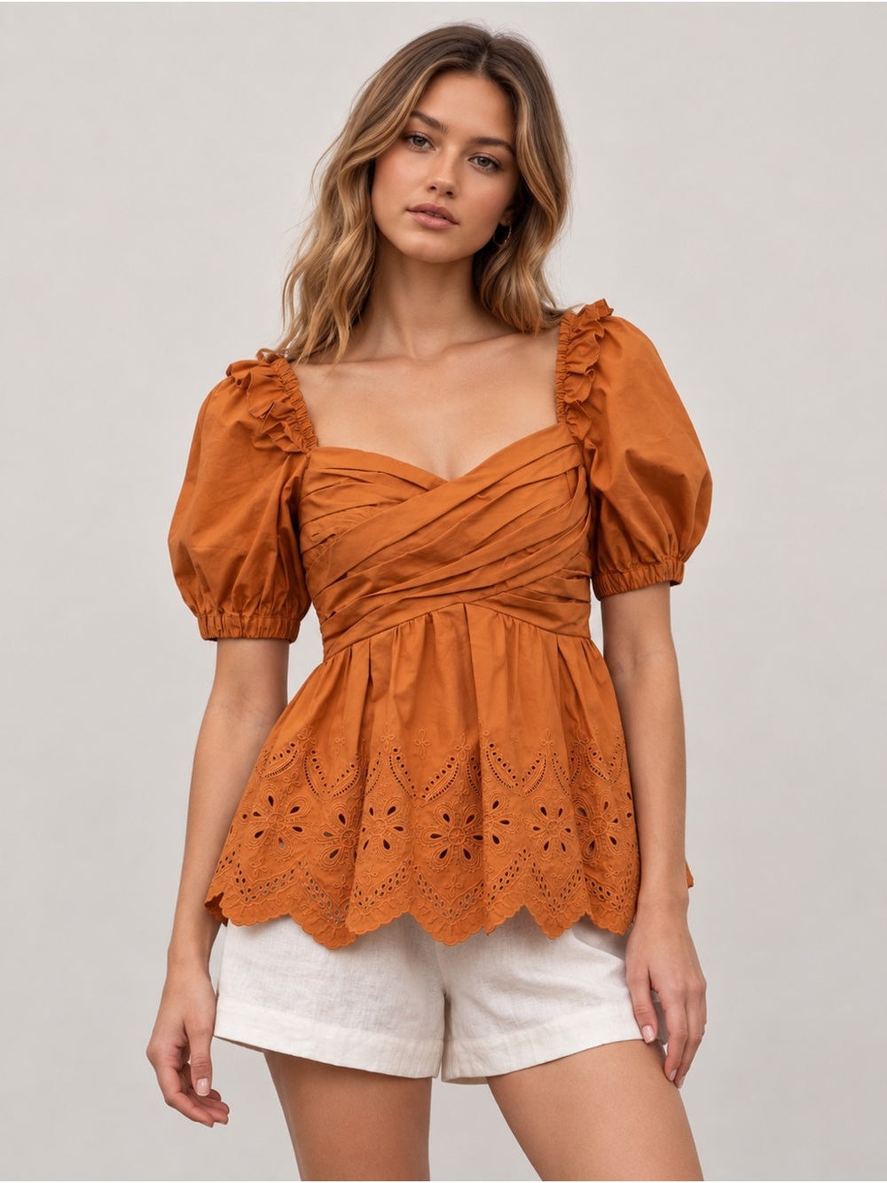 Moon River Rust Orange Eyelet Peplum Puff Sleeve Top